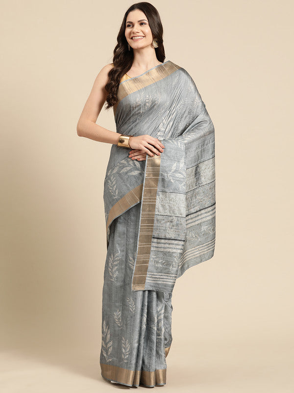 Gray silk blend saree with floral digital print and matching unstitched blouse