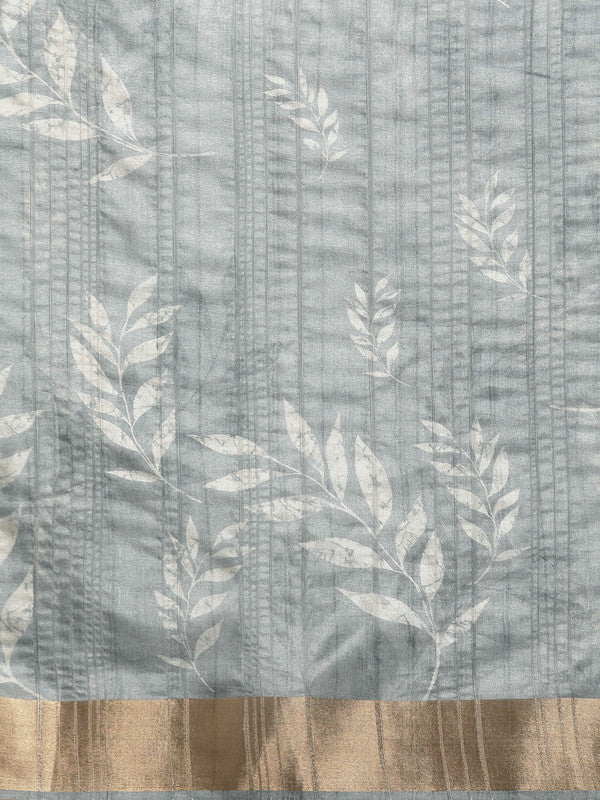 Gray Silk Blend Floral Print Saree with Unstitched Blouse