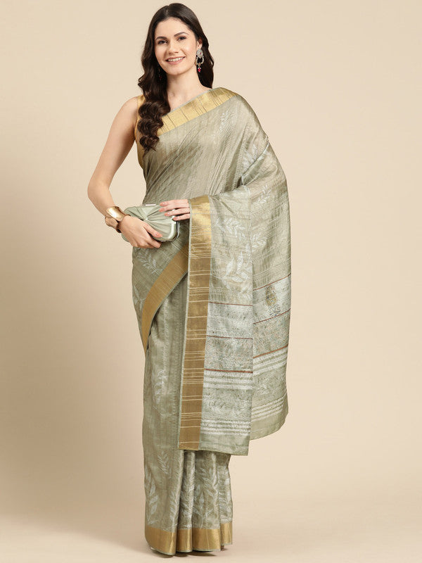 Olive silk blend saree with digital floral print and unstitched blouse piece