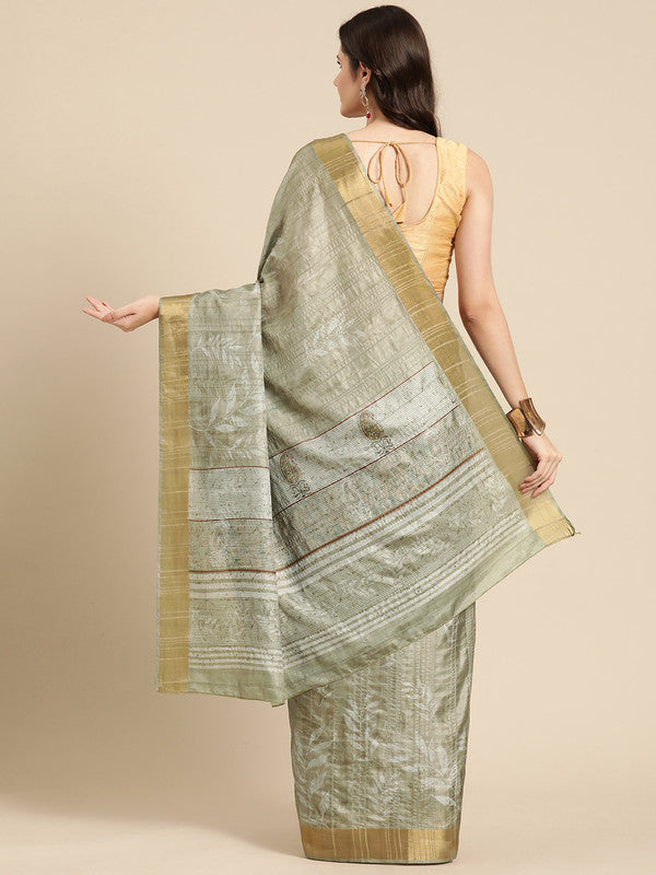 Olive Silk Blend Digital Floral Print Saree with Unstitched Blouse