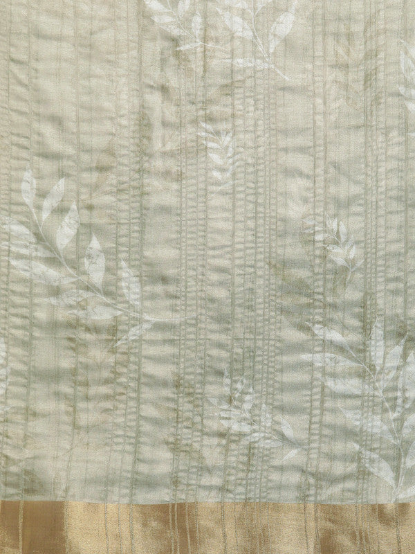Olive Silk Blend Digital Floral Print Saree with Unstitched Blouse