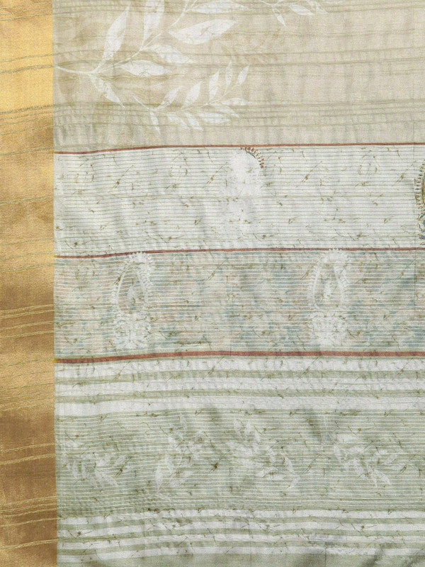 Olive Silk Blend Digital Floral Print Saree with Unstitched Blouse