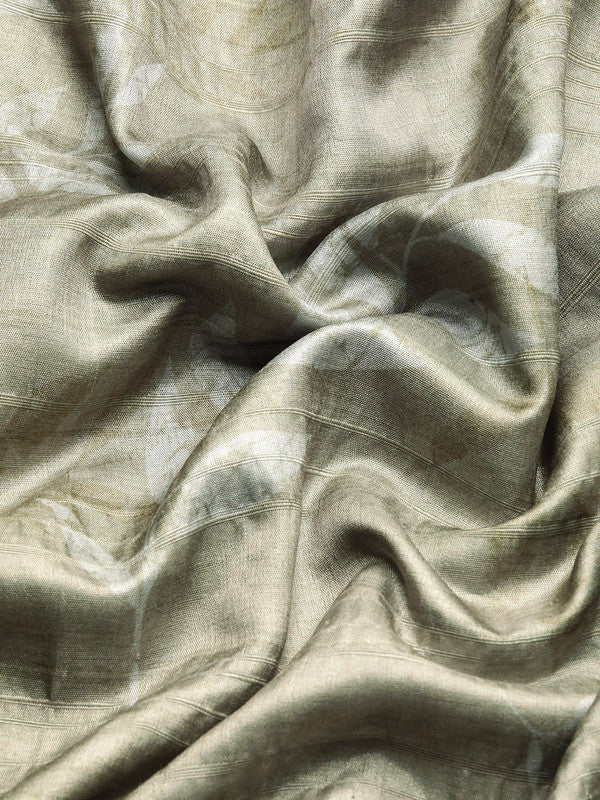 Olive Silk Blend Digital Floral Print Saree with Unstitched Blouse
