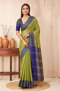 Elegant green Banarasi soft silk solid saree with a smooth, premium finish