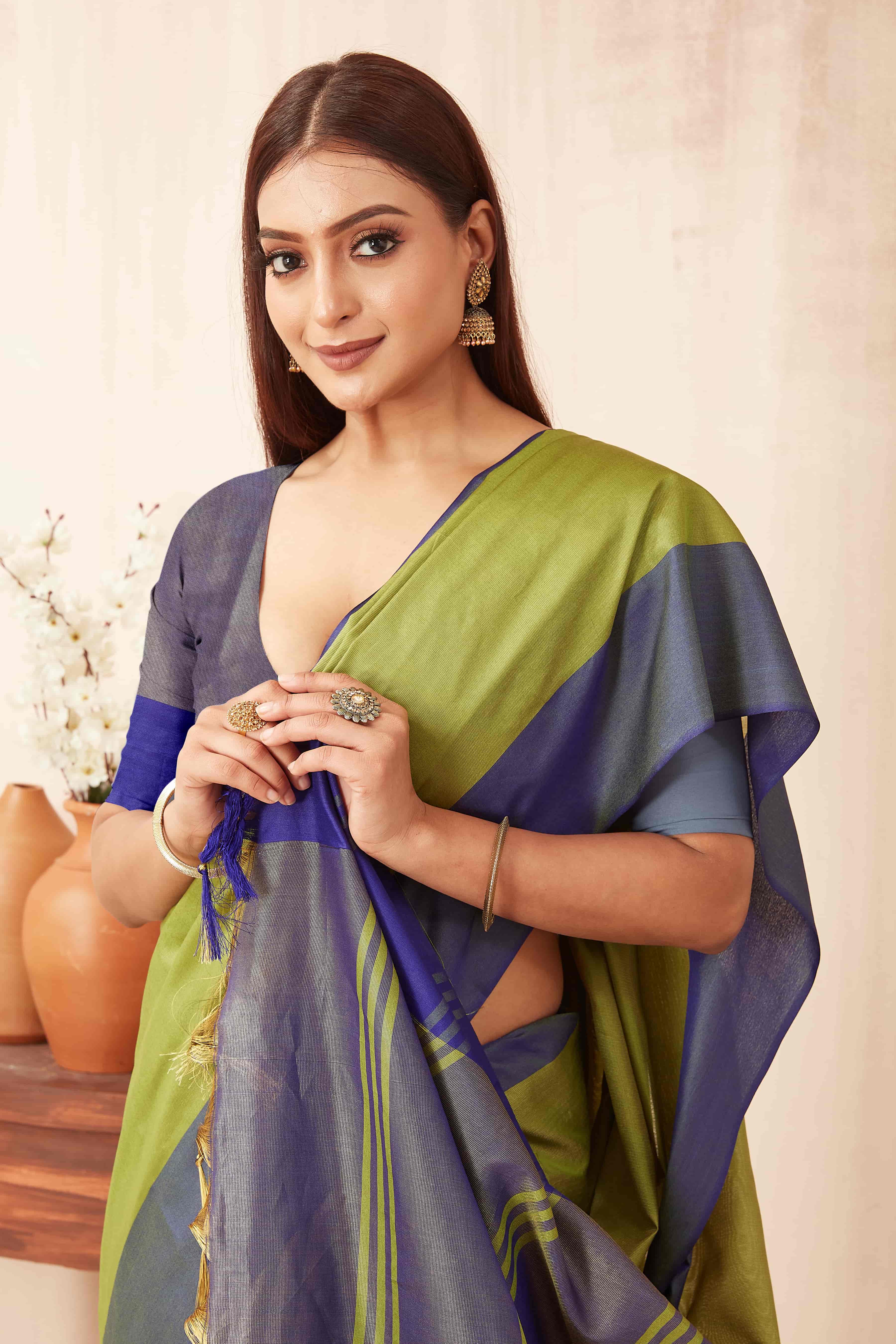 Green Banarasi Soft Silk Solid Saree with Zari Work