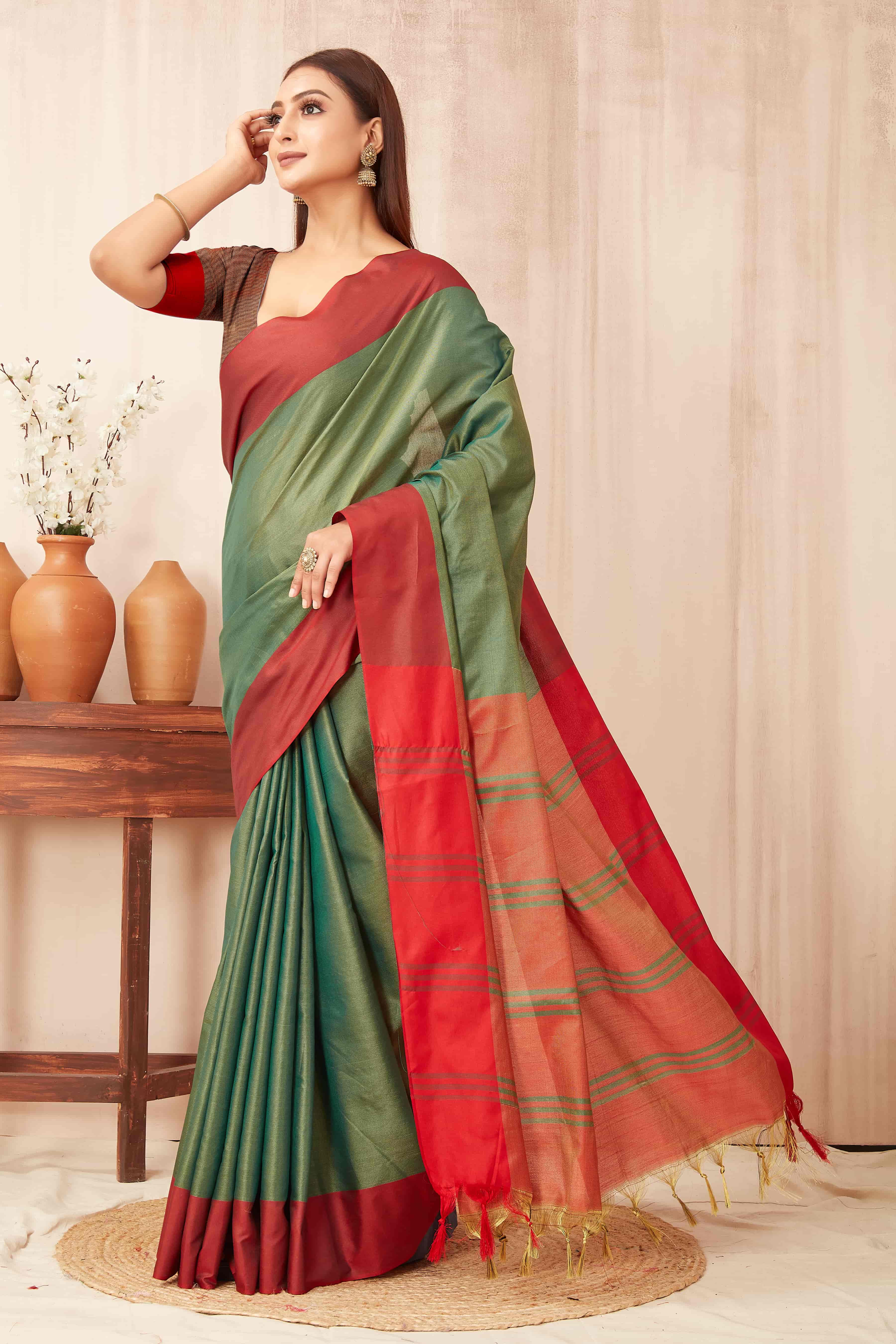 Green Banarasi Soft Silk Solid Saree with Elegant Finish
