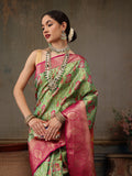 Green Pure Silk Saree with woven zari floral design and unstitched blouse piece