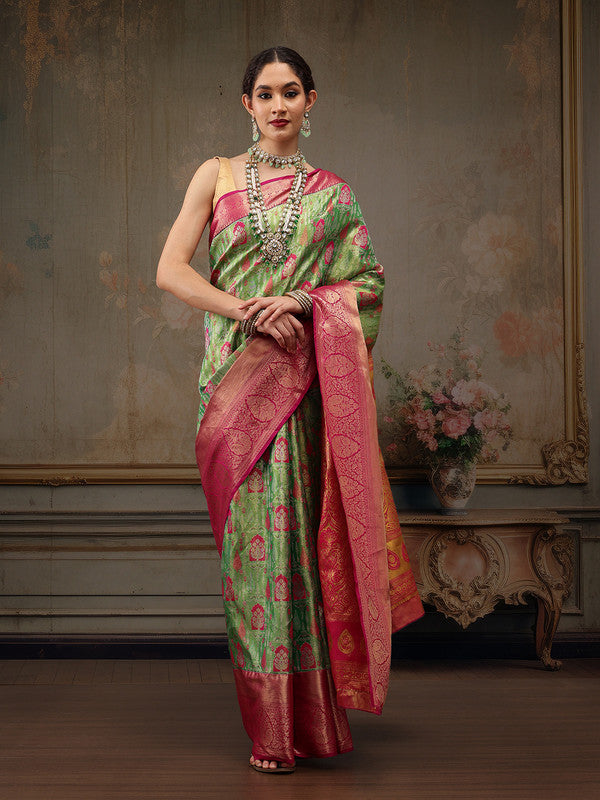 Green Pure Silk Floral Saree with Woven Zari and Blouse Piece
