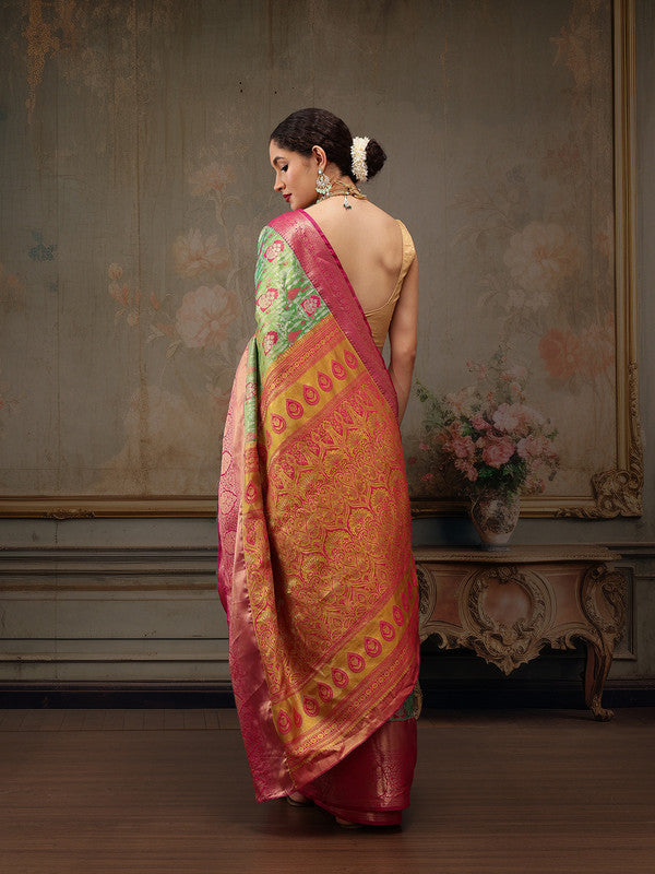 Green Pure Silk Floral Saree with Woven Zari and Blouse Piece