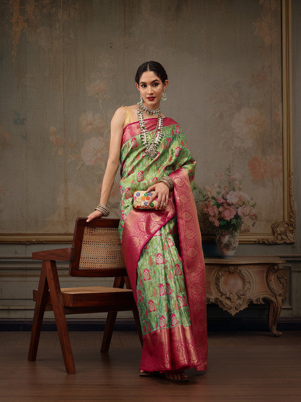 Green Pure Silk Floral Saree with Woven Zari and Blouse Piece