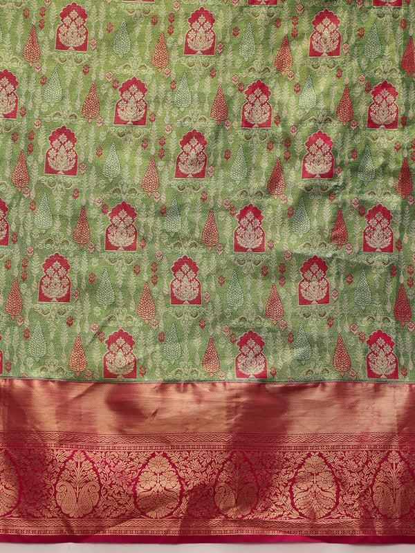 Green Pure Silk Floral Saree with Woven Zari and Blouse Piece
