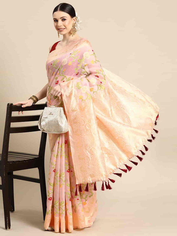 Light pink pure cotton saree with floral pattern and zari work, includes unstitched blouse.
