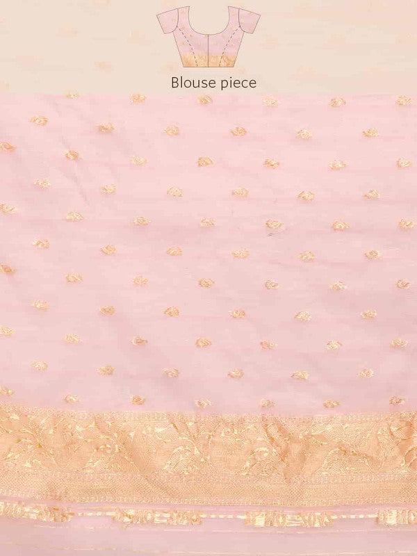 Light Pink Pure Cotton Woven Zari Floral Saree with Unstitched Blouse