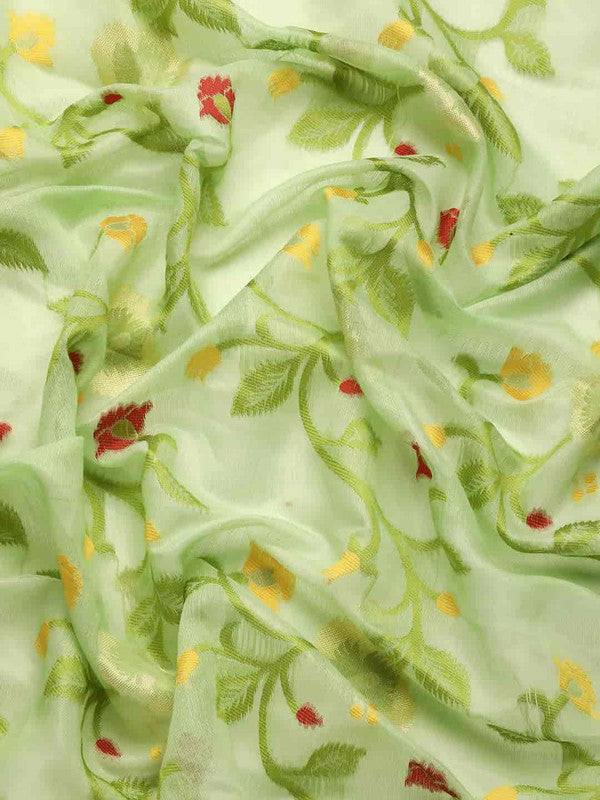 Green Pure Cotton Floral Saree with Zari Weave & Unstitched Blouse