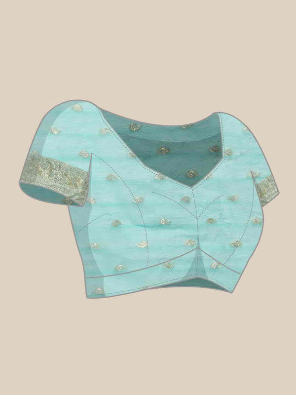 Turquoise Pure Cotton Woven Zari Design Floral Saree with Unstitched Blouse - Hiral Fashion