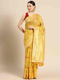 Bright Yellow Pure Cotton Saree featuring floral prints and woven zari border
