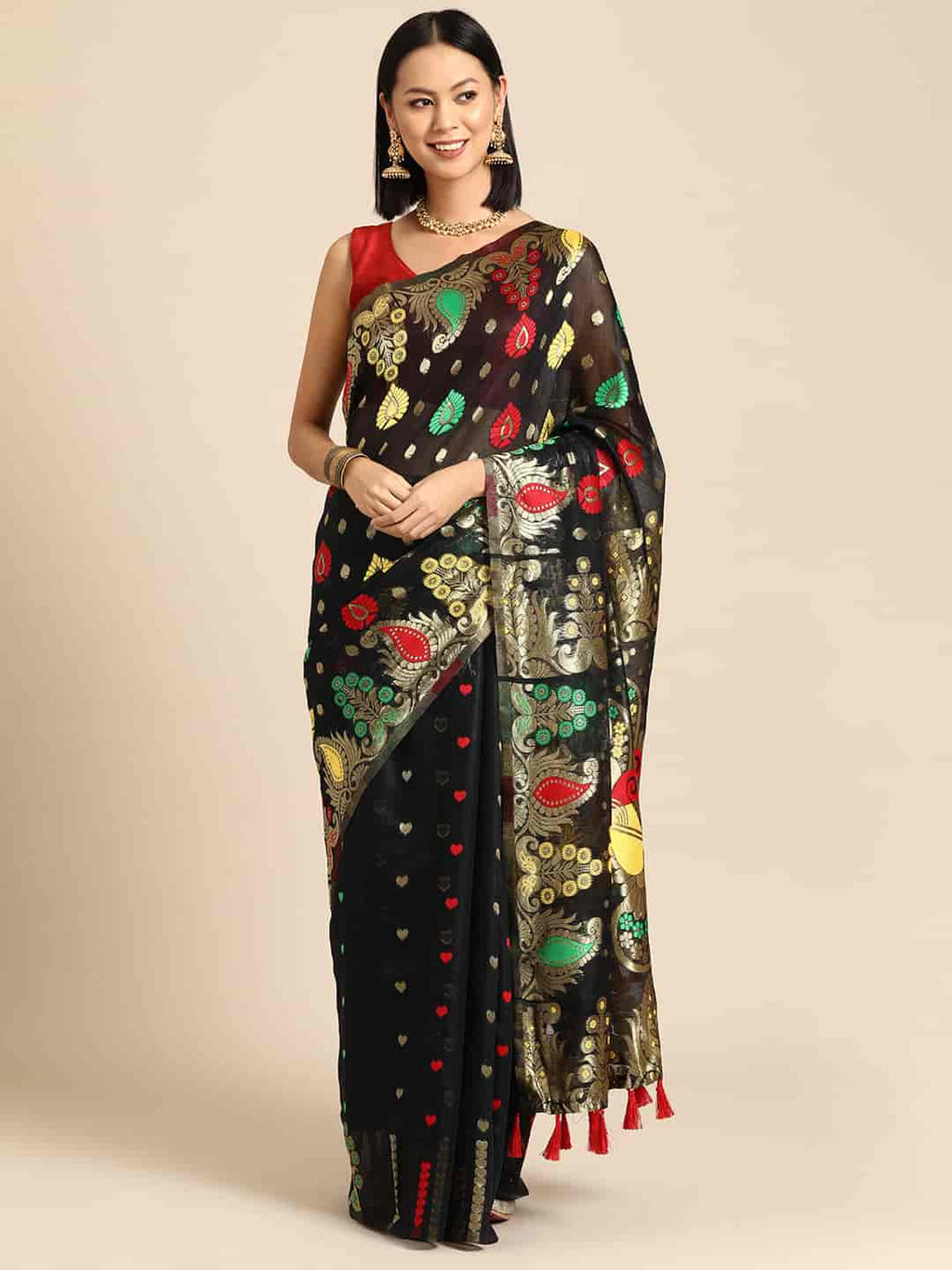 Black pure cotton saree with woven zari paisley design and unstitched blouse