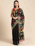 Black pure cotton saree with woven zari paisley design and unstitched blouse