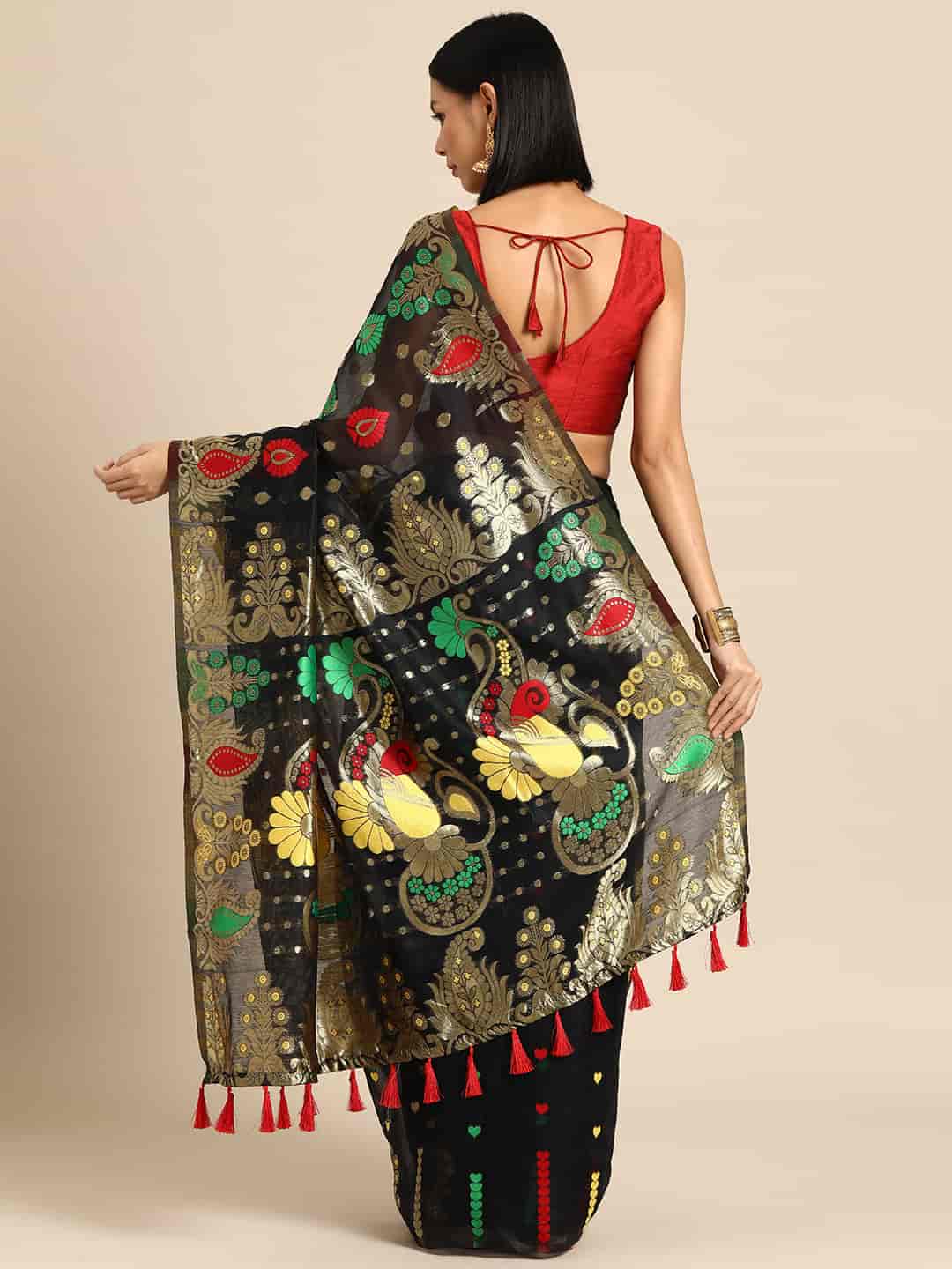 Black Pure Cotton Woven Zari Design Paisley Saree, Unstitched Blouse