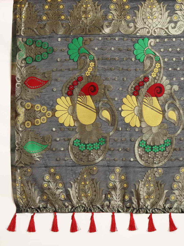 Black Pure Cotton Woven Zari Design Paisley Saree, Unstitched Blouse