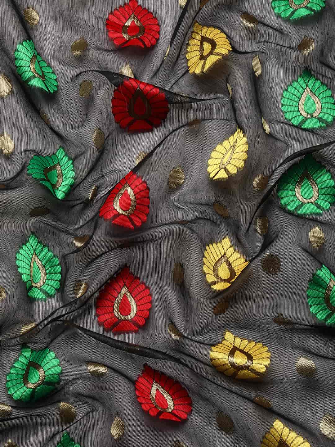 Black Pure Cotton Woven Zari Design Paisley Saree, Unstitched Blouse
