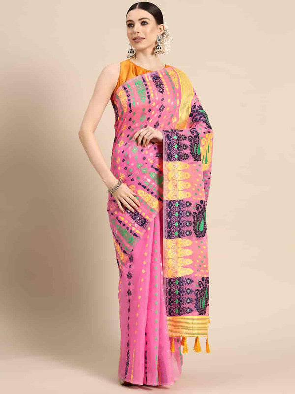 Pink pure cotton saree with woven zari paisley design