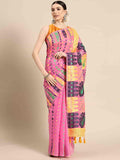 Pink pure cotton saree with woven zari paisley design
