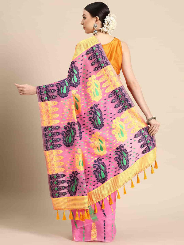 Pink Pure Cotton Saree with Paisley Woven Zari Design