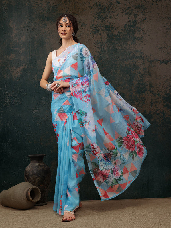 Blue Polyester Saree with Modern Abstract Digital Print