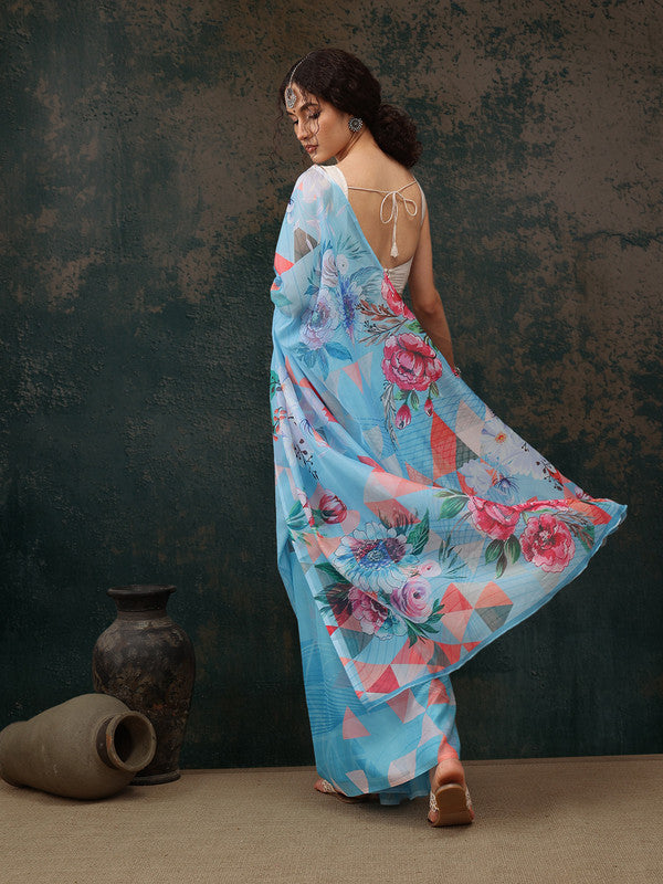 Blue Polyester Saree with Modern Abstract Digital Print