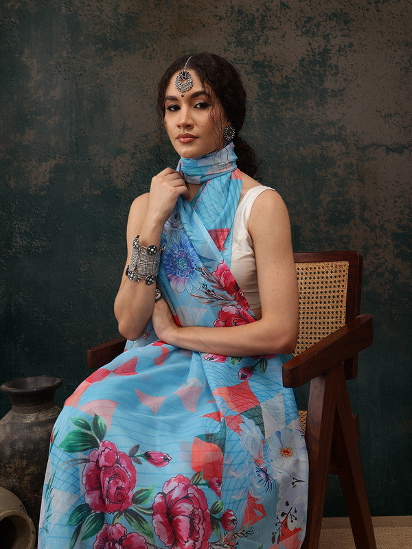 Blue Polyester Saree with Modern Abstract Digital Print