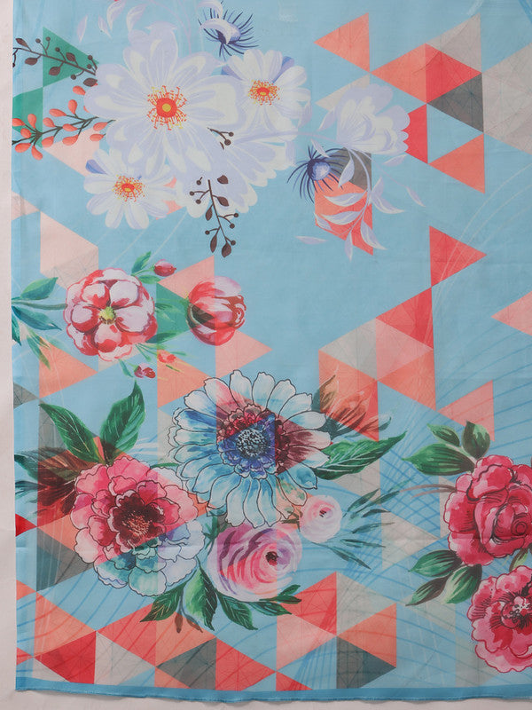Blue Polyester Saree with Modern Abstract Digital Print