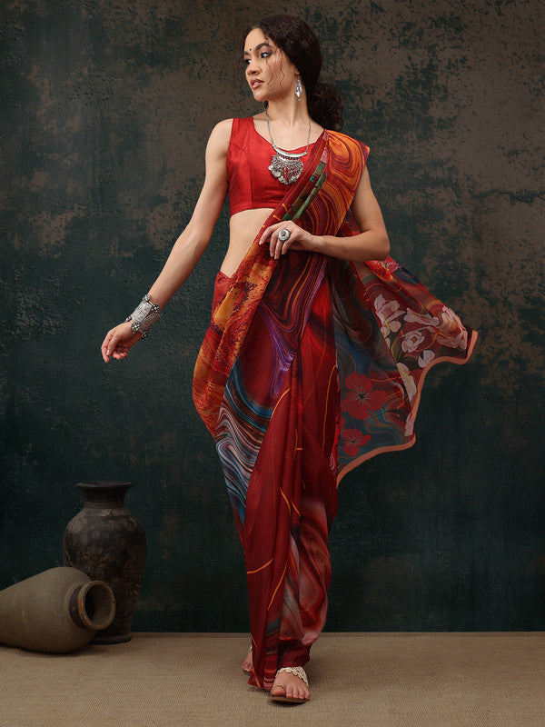 Brown polyester saree with a contemporary digital abstract print, includes an unstitched blouse.