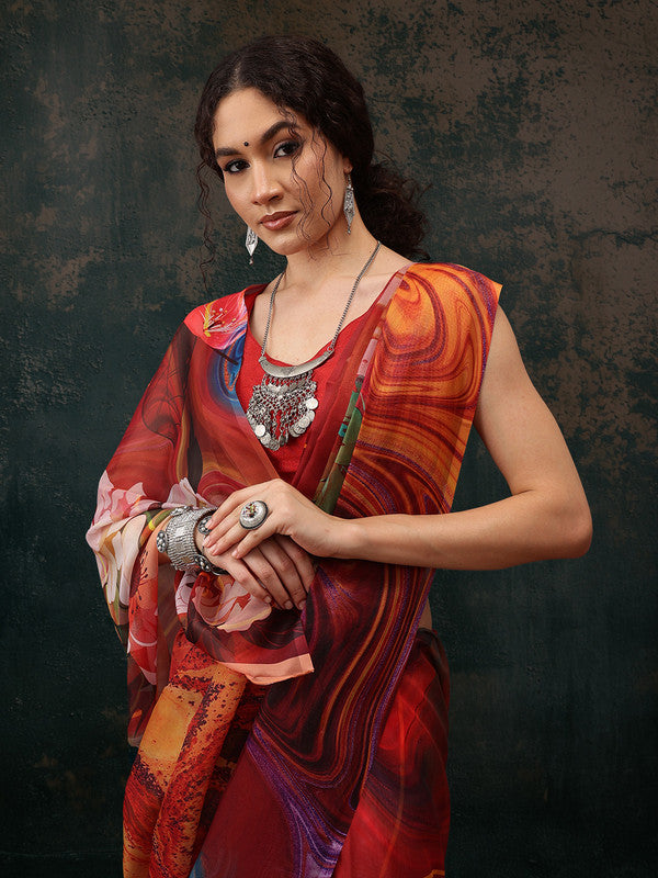 Brown Polyester Digital Print Abstract Saree with Blouse Piece