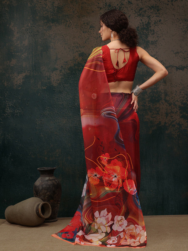Brown Polyester Digital Print Abstract Saree with Blouse Piece