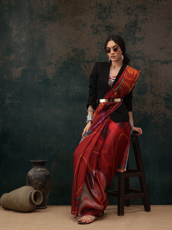 Brown Polyester Digital Print Abstract Saree with Blouse Piece