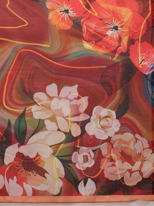 Brown Polyester Digital Print Abstract Saree with Blouse Piece