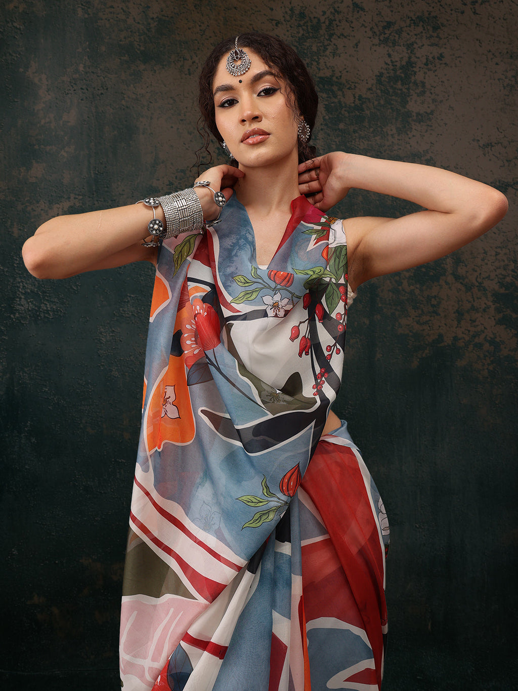 Multicolor Polyester Digital Print Abstract Saree with Unstitched Blouse - Hiral Fashion