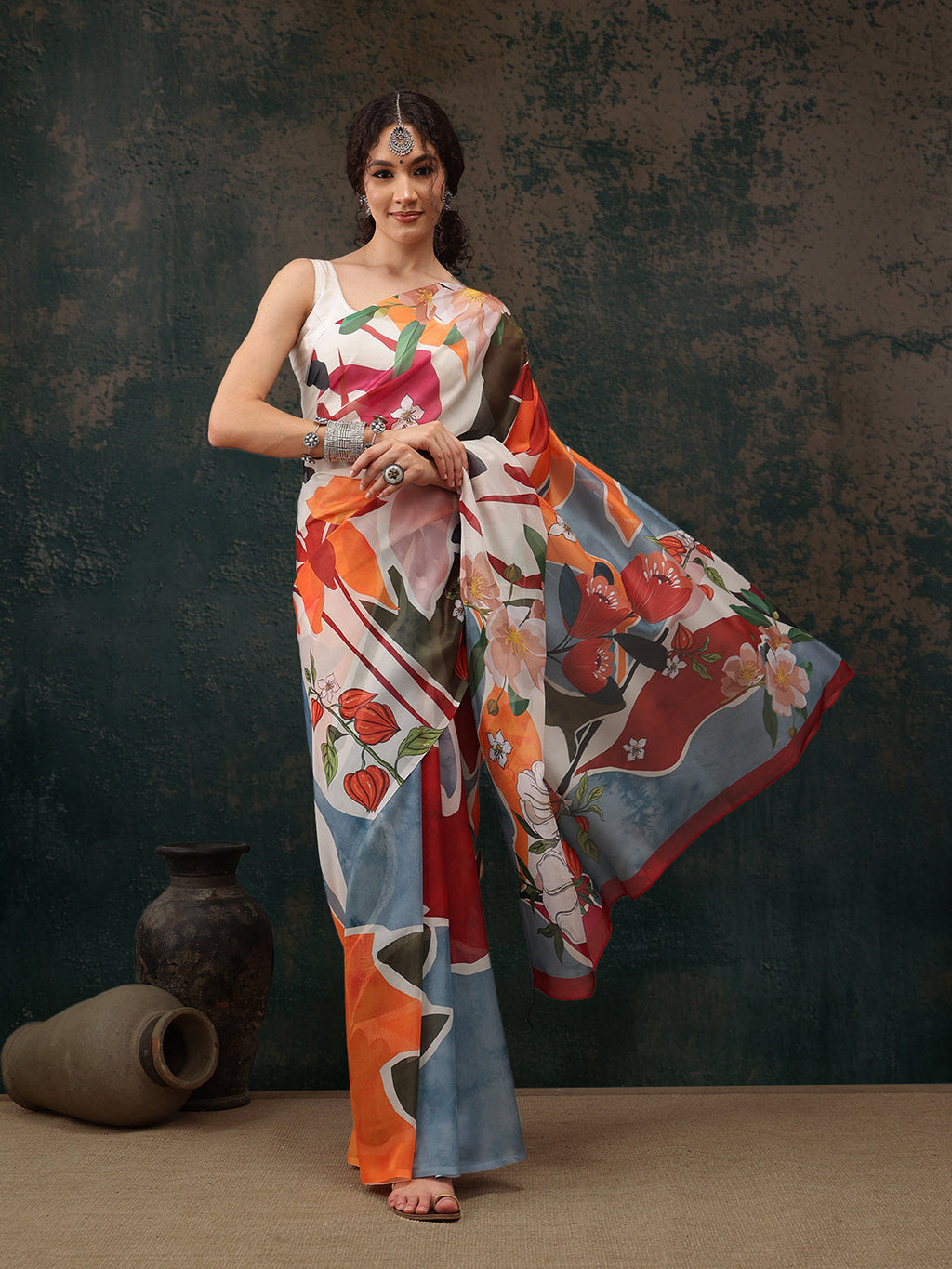 Multicolor Polyester Digital Print Abstract Saree with Unstitched Blouse - Hiral Fashion