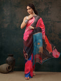 Multicolor abstract print polyester saree with unstitched blouse piece