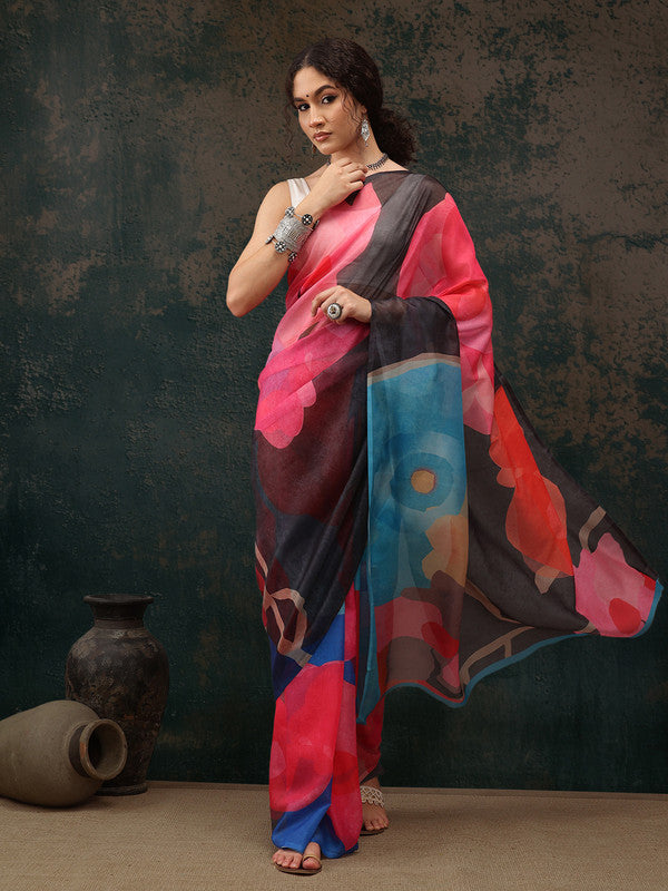 Multicolor abstract print polyester saree with unstitched blouse piece