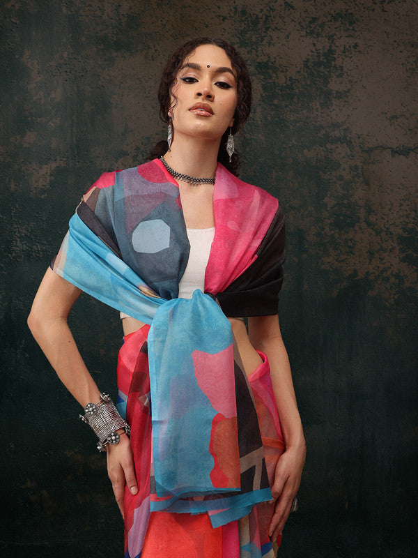 Multicolor Abstract Print Polyester Saree with Blouse Piece