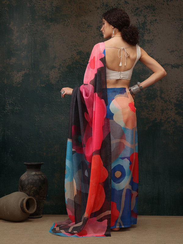 Multicolor Abstract Print Polyester Saree with Blouse Piece