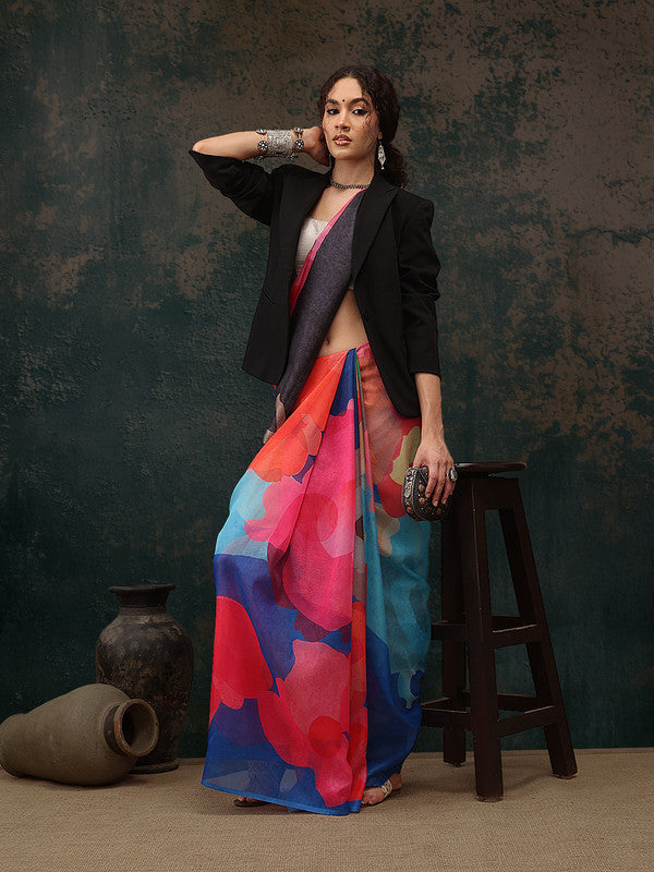Multicolor Abstract Print Polyester Saree with Blouse Piece