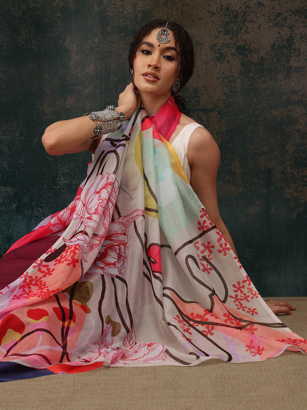 Modern multicolor abstract digital print polyester saree with matching unstitched blouse piece