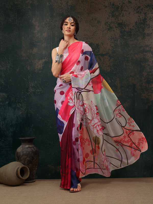 Multicolor Abstract Digital Print Saree with Unstitched Blouse