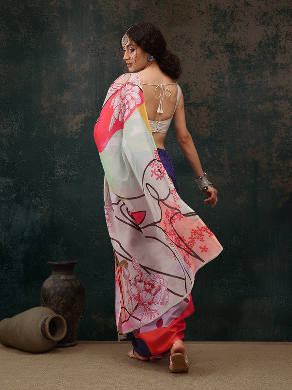 Multicolor Abstract Digital Print Saree with Unstitched Blouse