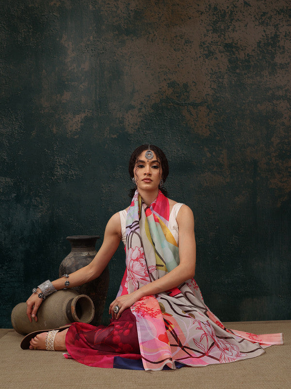Multicolor Abstract Digital Print Saree with Unstitched Blouse