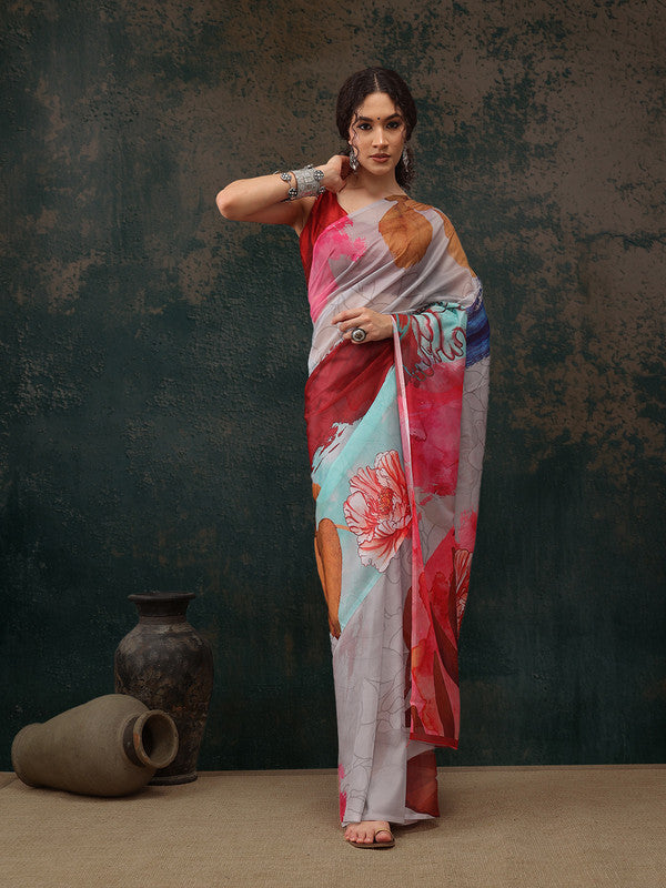 Multicolor Abstract Digital Print Polyester Saree with Blouse