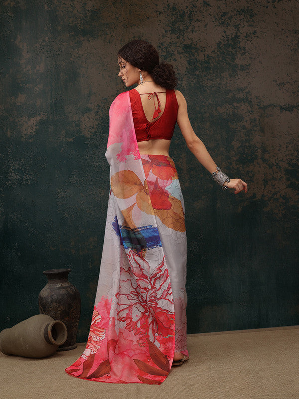 Multicolor Abstract Digital Print Polyester Saree with Blouse